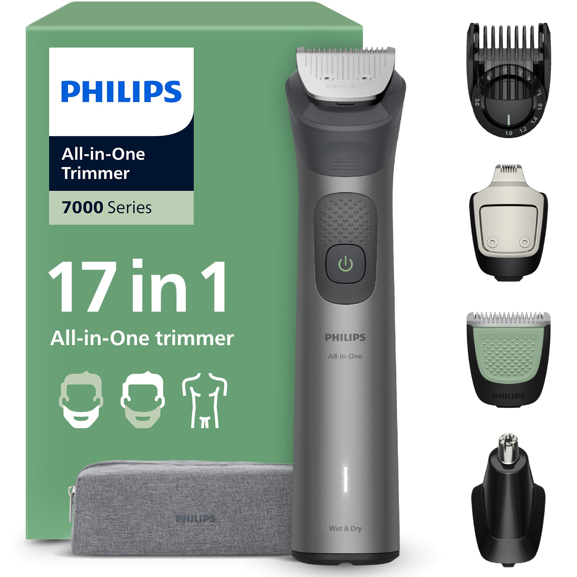 Aparat de tuns barba & parul de pe cap si corp 17in1 PHILIPS All-in-One MG7961/15, autonomie 120 min, 26 setari de lungime: 0,5-20 mm, 3 capete trimmer specializate (detalii, corp,