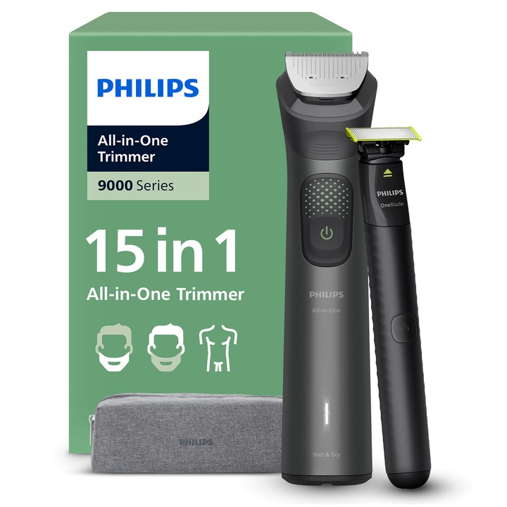 Тример 15in1 PHILIPS All-in-One MG9531/15 +OneBlade, Автономия 120 мин, 27 настройки за дължина: 0,2 мм OneBlade & 0,5-20 мм All-in-One, 2 специализирани тримерни глави (детайли, тяло), Калъф с цип, Водоустойчив