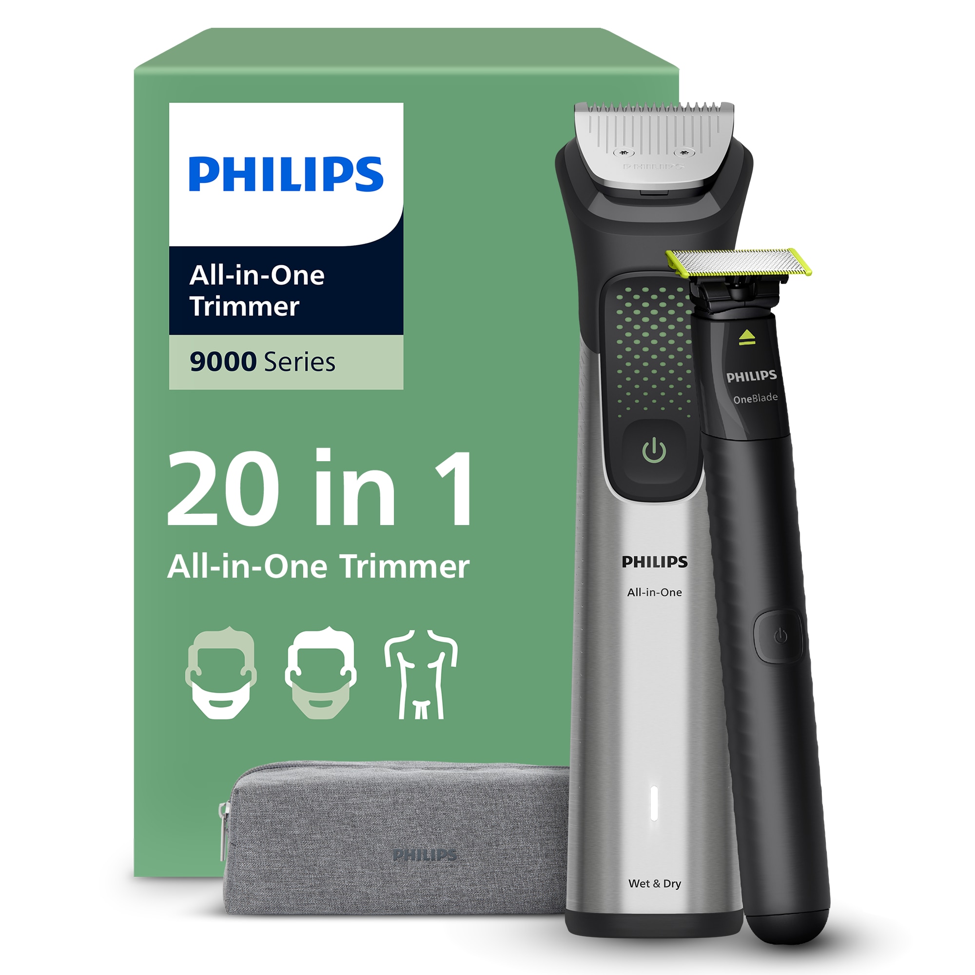 Aparat de tuns barba & parul de pe cap si corp 20in1 PHILIPS All-in-One MG9557/15 +OneBlade, autonomie 120 min, 27 setari lungime: 0,2 mm OneBlade& 0,5-20 mm All-in-One, capete tri