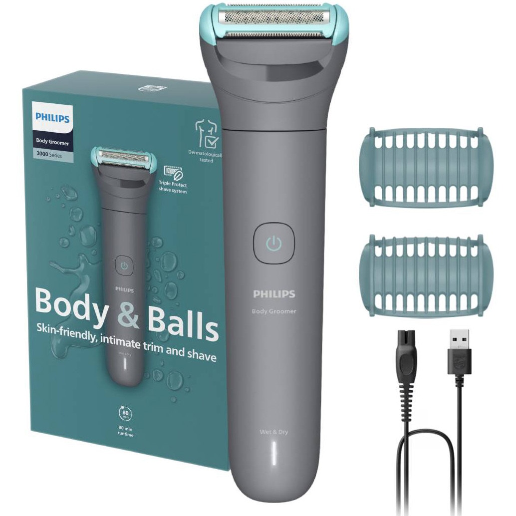Aparat de ras si tuns corporal cu sita metalica hipoalergenica PHILIPS BG3480/15, autonomie 80 min, 2 piepteni bidirectionali, cablu USB pentru incarcare
