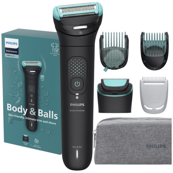 Тример на тяло PHILIPS BG7470/15 с хипоалергенна метална мрежа, 120 минути време на работа, Функция за бързо зареждане, Осветена бръснеща глава, Гребен за интимни зони, 2 регулируеми гребена (1-7 мм), Калъф за съхранение с цип