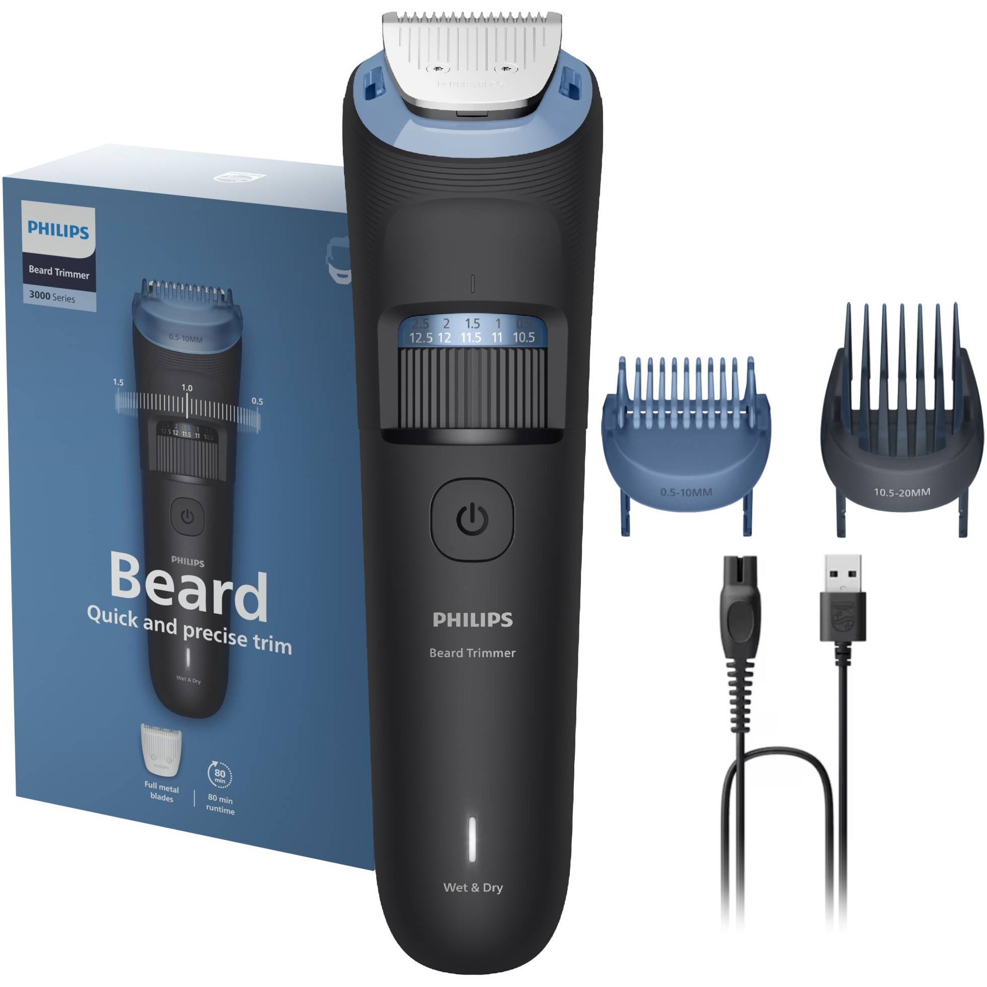 Aparat de tuns barba PHILIPS BT3660/15 cu lame integral metalice cu autoascutire, 40 de setari de lungime, 2 piepteni ajustabili pentru barba (0,5-20 mm), autonomie 80 min