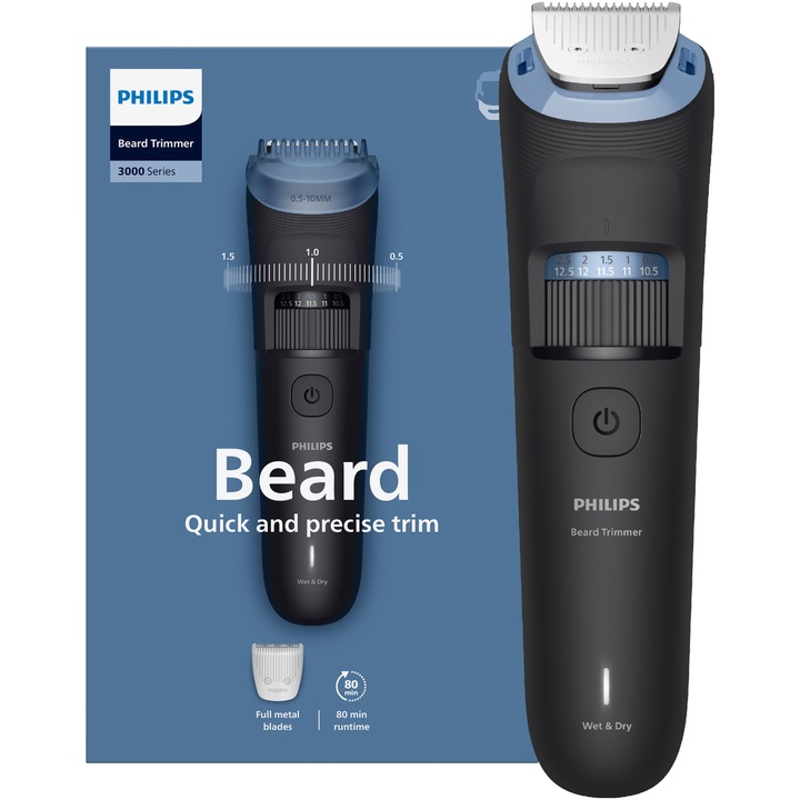 Aparat de tuns barba PHILIPS BT3660/15 cu lame integral metalice cu autoascutire, 40 de setari de lungime, 2 piepteni ajustabili pentru barba (0,5-20 mm), autonomie 80 min