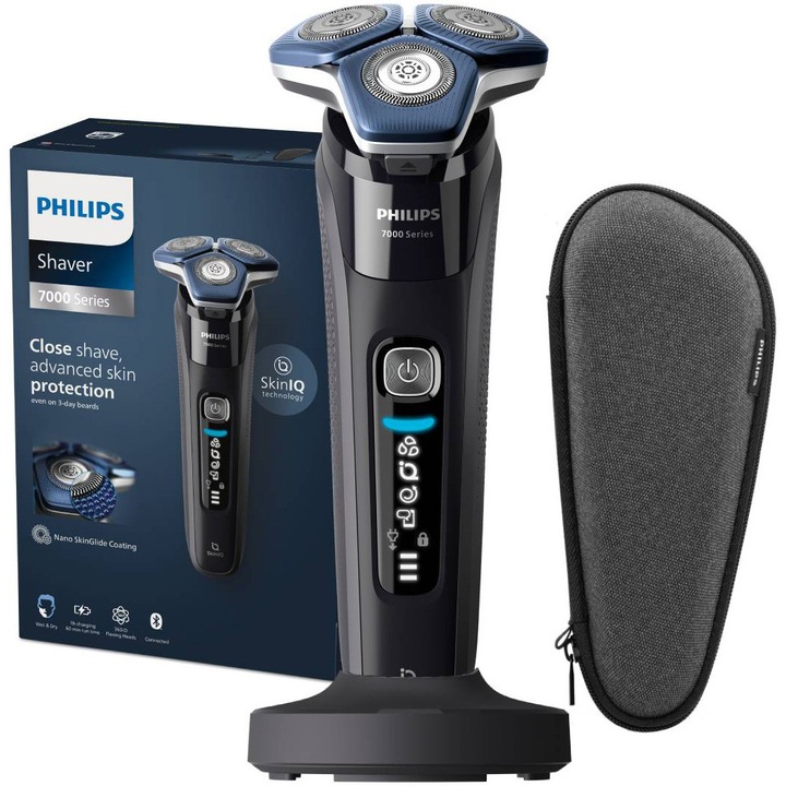 Електрическа самобръсначка PHILIPS Серия 7000 S7886/35, Технология SkinIQ, Автономност 60 мин, Гъвкави глави, Дисплей, Светлинен индикатор за батерия, Bluetooth връзка, Вграден изскачащ тример