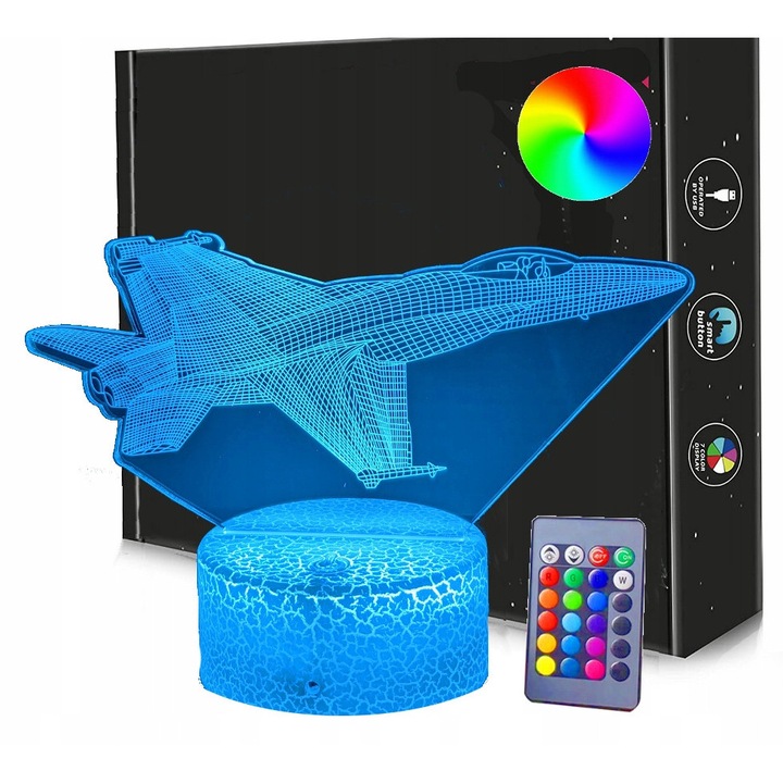 3D нощна лампа, самолет, USB кабел, многоцветна, 10x19x4см