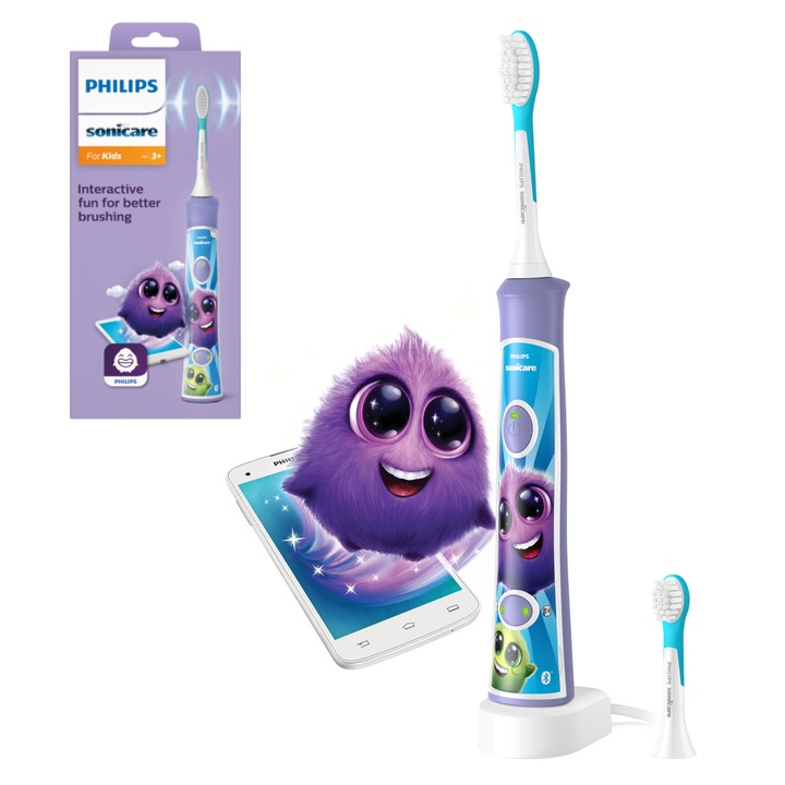 Periuta de dinti electrica pentru copii Philips Sonicare HX6322/12, 2 moduri de periaj, 2 niveluri de intensitate, 62.000 miscari/minut, contine 2 capete de periere: pentru 3 si 7 ani, 8 stikere, conectare aplicatie Philips Sonicare for Kids, mov