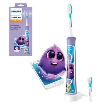 Periuta de dinti electrica pentru copii Philips Sonicare HX6322/12, 2 moduri de periaj, 2 niveluri de intensitate, 62.000 miscari/minut, contine 2 capete de periere: pentru 3 si 7 ani, 8 stikere, conectare aplicatie Philips Sonicare for Kids, mov