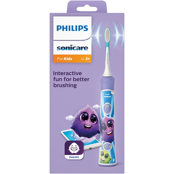 Електрическа четка за зъби за деца Philips Sonicare HX6322/12, 2 режима на миене, 2 нива на интензивност, 62 000 дв/мин, Съдържа 2 глави за четкане: за 3 и 7 години, 8 стикера, Свързване с приложение Philips Sonicare за деца, Лилав