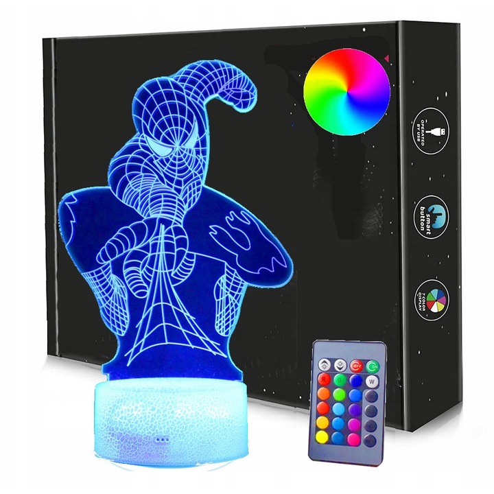 Нощна лампа 3D LED, Спайдърмен, многоцветна, с дистанционно управление, 20x15x4см