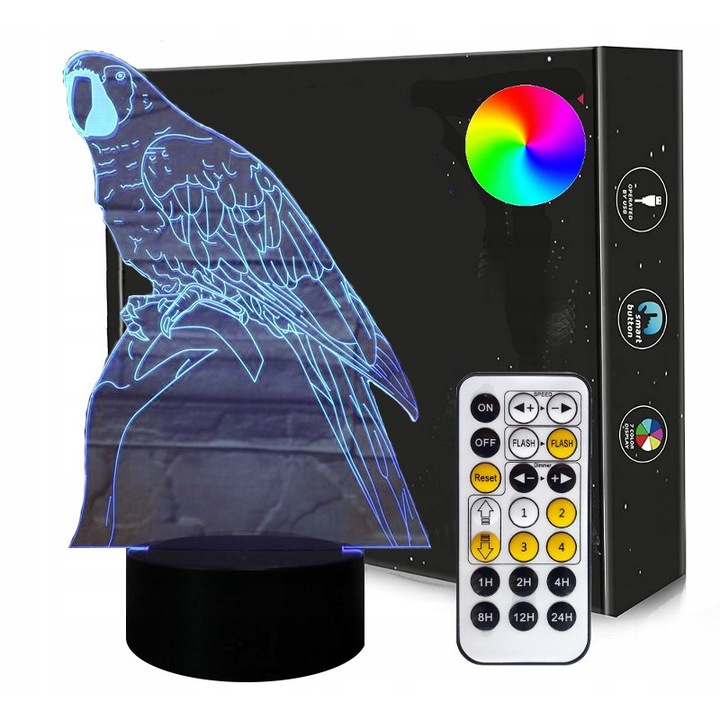 Лампа 3D LED HLO Папагал, 7 цвята, с дистанционно, 16x15x4см