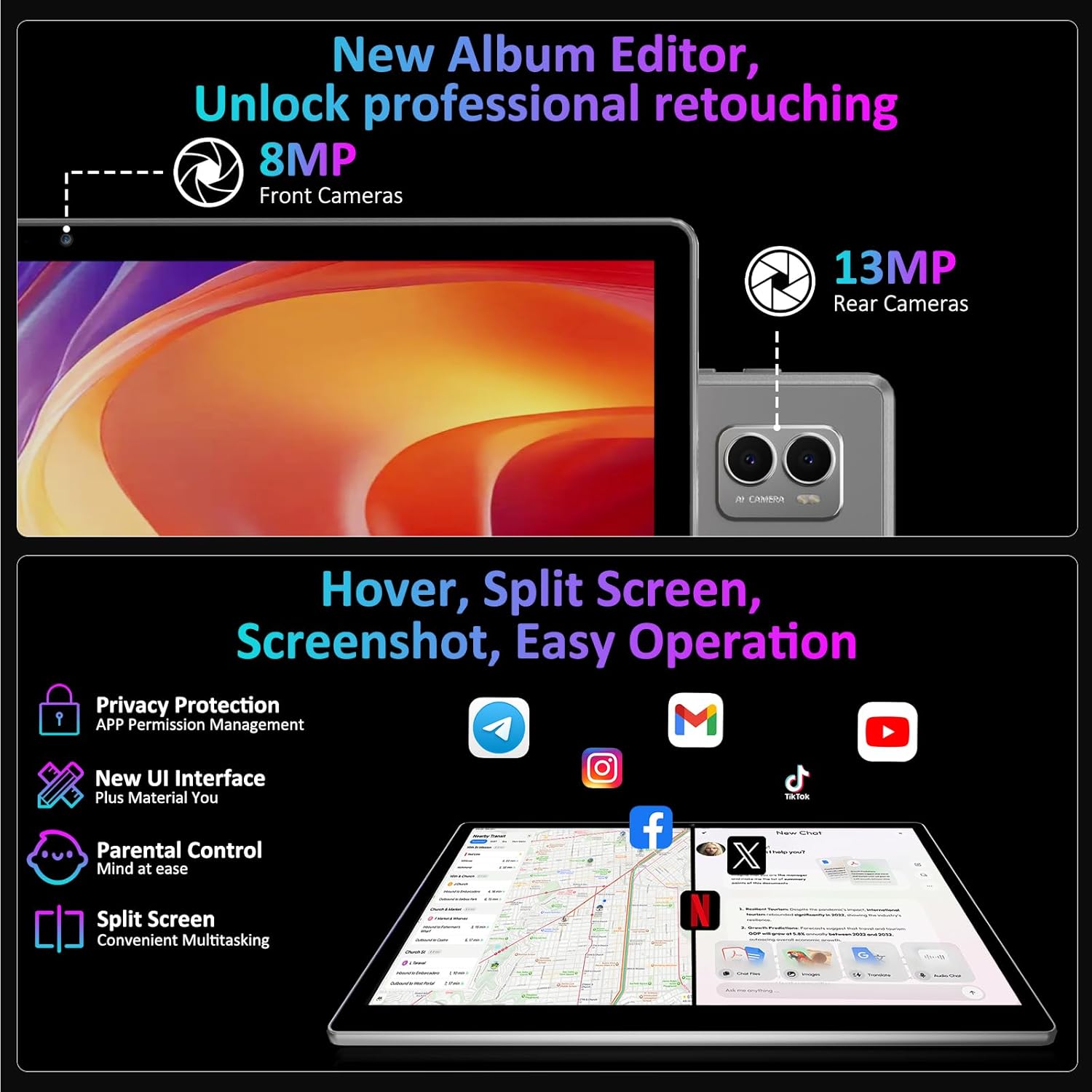 Tableta 14.1" Octa-Core, 256GB ROM, 36(12+24)GB RAM, Android 14.0, 5GHz WIFI, 2000*1200 2K FHD, 11580mAh, 13MP+8MP, Gri