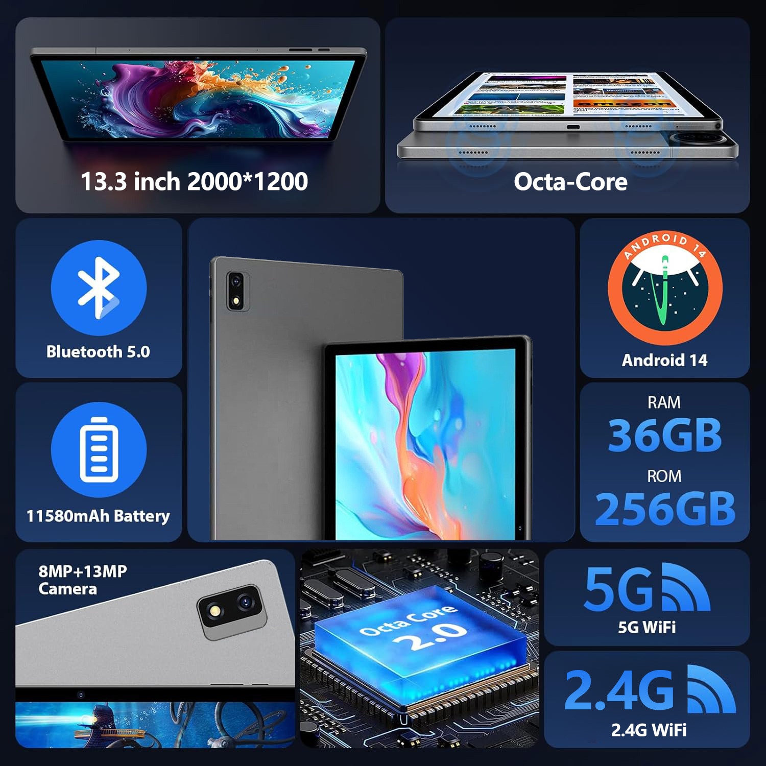 Tableta 13.3" Octa-Core, 256GB ROM, 36(12+24)GB RAM, Android 14.0, 5GHz WIFI, 2000*1200 2K FHD, 11580mAh, 13MP+8MP, Gri