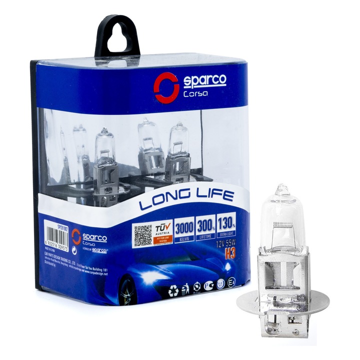 Becuri halogen H3 Sparco 55W 3000K galben, set 2 bucati, PK22s