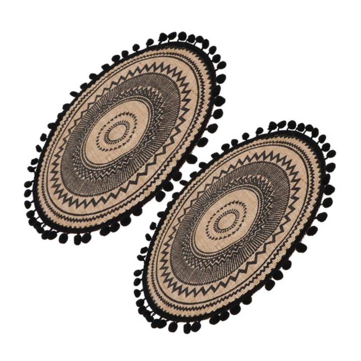 Servet de masa din in, design boho, 35.50x35.50cm, set de 2 buc