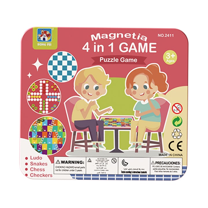 Joc de Societate, Set Multifunctional 4x Jocuri in 1,4 Jocuri Clasice (Sah, Dame, Backgammon, Ludo), Set Portabil cu Piese Magnetice, Educational, Pentru Familie, Calatorii