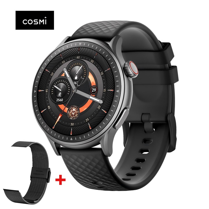 Смарт часовник COSMI, със силиконова и стоманена каишка, водоустойчивост 5ATM, проследяване на съня, сърдечен ритъм, кръвно налягане, известия за обаждания, за Android iOS, черен