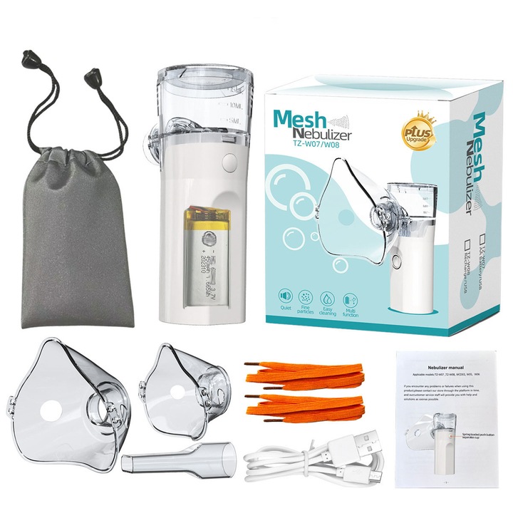 Aparat Aerosoli Mesh Portabil TZ-W08, Incarcare USB, Functionare Silentioasa 45dB, Particule Fine 2.5μm, Geanta Transport, Pentru Acasa, Calatorii, Gri