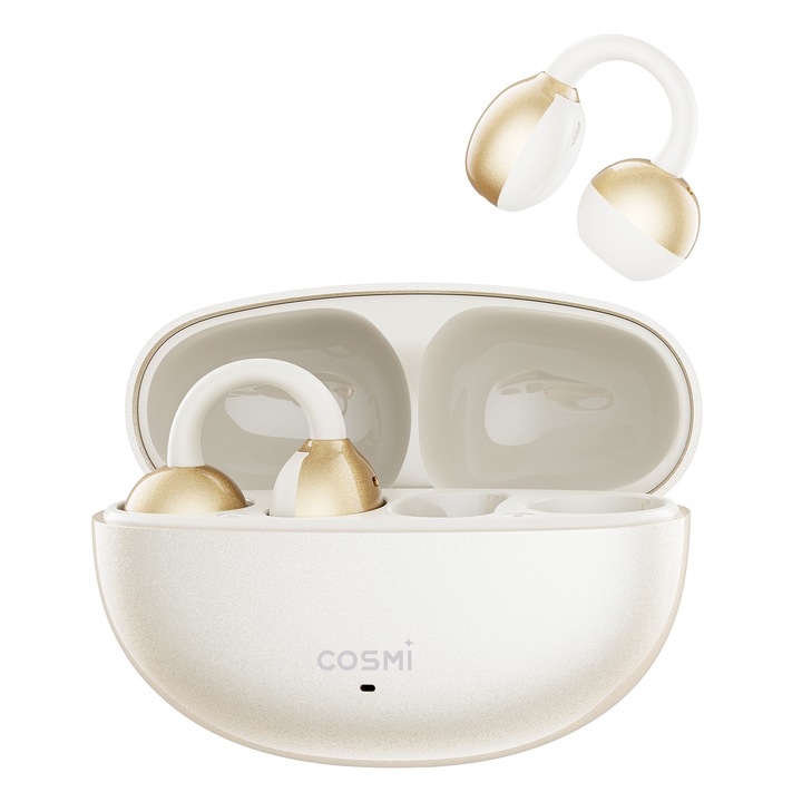 Vezeték nélküli Bluetooth fülhallgató fülcsipesszel és AI fordítóval, COSMI, 40 nyelvű azonnali fordítás, kettős csatlakozás, ENC zajcsökkentés, 24 óra üzemidő, könnyű 4g, világos bézs