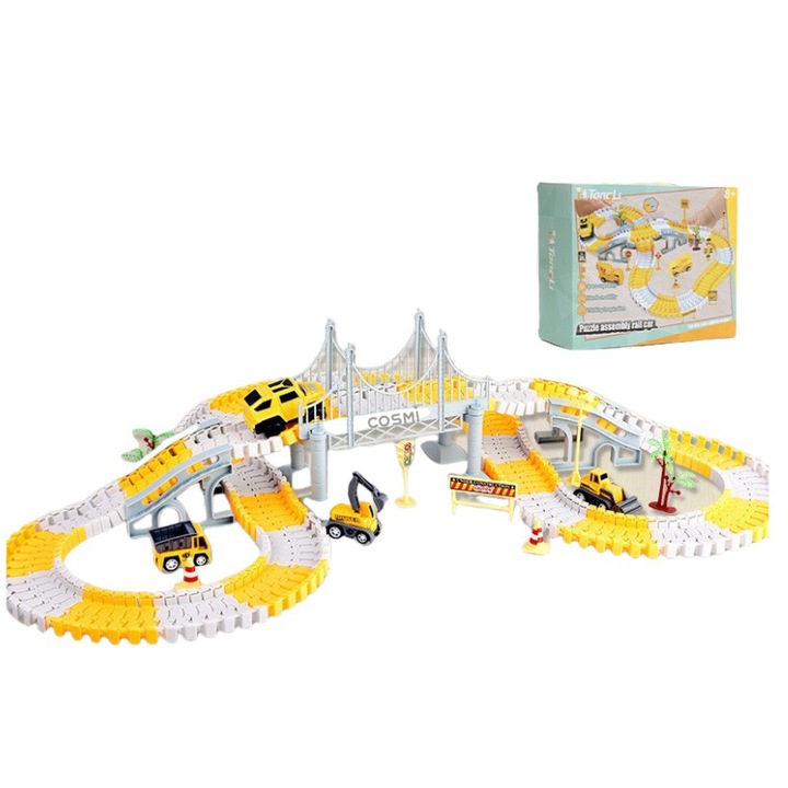 Детско влакче, комплект от 40 части, 3 строителни машини, реалистичен звук и светлина, STEM обучение, за момчета 3-8 години, английска версия