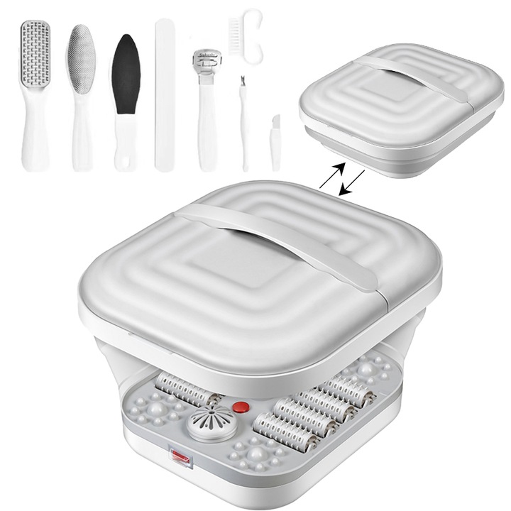 Хидромасажен апарат за крака, с въздушни мехурчета и комплект от 8 аксесоара, бързо загряване, рефлексологичен масаж, сгъваем, преносим, за домашна релаксация, бял