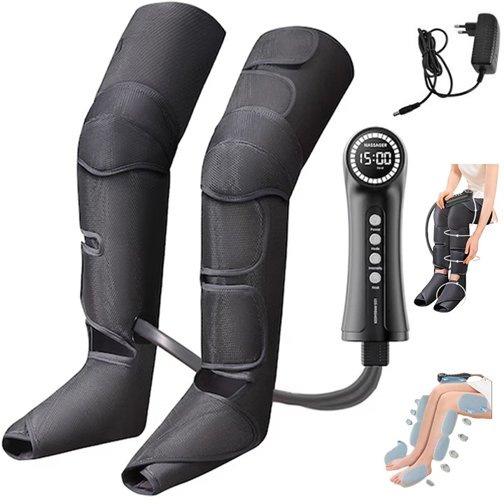 Ultimate masszírozó lábmasszírozó, 3 szekciós, teljes ujjú, digitális kijelzővel, 6 nyomásmóddal, duzzanatcsökkentéssel, otthoni használatra, fekete