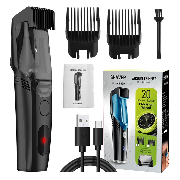 Acél akkumulátoros hajnyírógép beépített porszívóval, állítható vágási pontosságú pengével, 90 perc működési idő