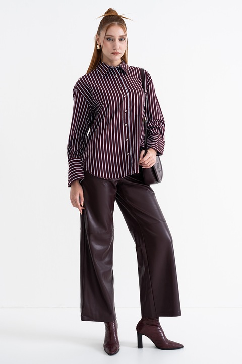 Gina Tricot, Camasa lejera din bumbac organic cu model in dungi, Alb/Visiniu/Albastru deschis