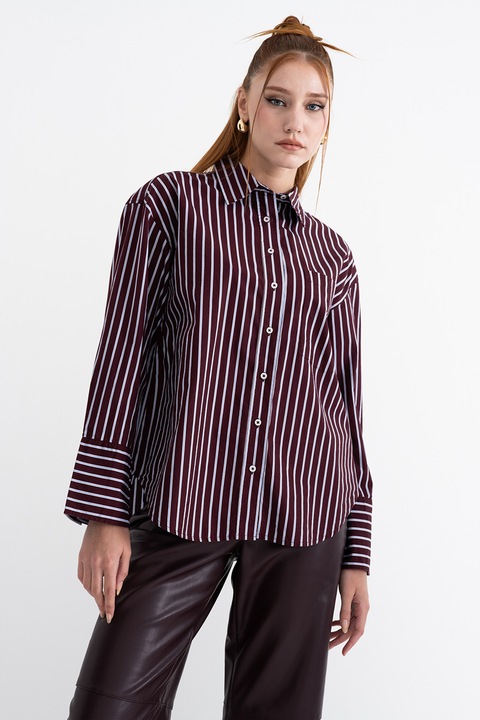 Gina Tricot, Раирана свободна риза от органичен памук, Бял/Бордо/Светлосин