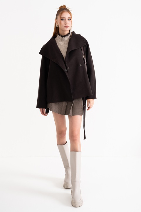 Gina Tricot, Palton din amestec de lana cu cordon in talie, Maro inchis, L