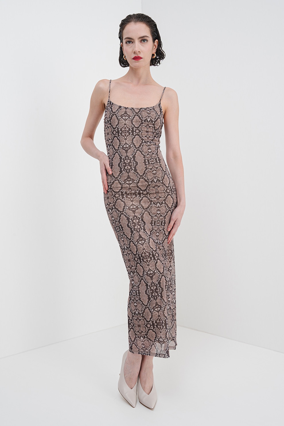 Gina Tricot, Rochie dreapta cu animal print si decolteu patrat, Maro inchis, Maro, S