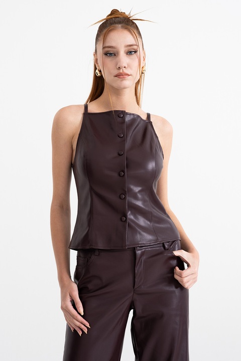 Gina Tricot, Bluza de piele ecologica cu nasturi decorativi, fara maneci, Visiniu, XS