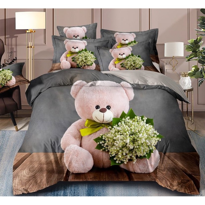 Set Lenjerie Pat Dublu din Bumbac Finet - 6 Piese, Gri Închis, Cearceaf 230x250cm, Fete de Pernă 50x75cm și 80x80cm