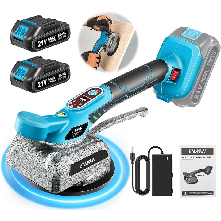 Masina de nivelat vibratorie pentru gresie NEXAH®, cu 5 trepte de viteza, 2 baterii de 2000 mAh, potrivita pentru placi de 30-120 cm, negru/albastru
