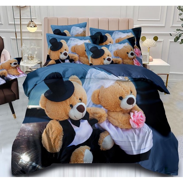 Set Lenjerie Premium din Bumbac Finet – 6 Piese pentru Pat Dublu, Imprimeu Identic cu Imaginea, cu 4 Fete de Perna, Albastru