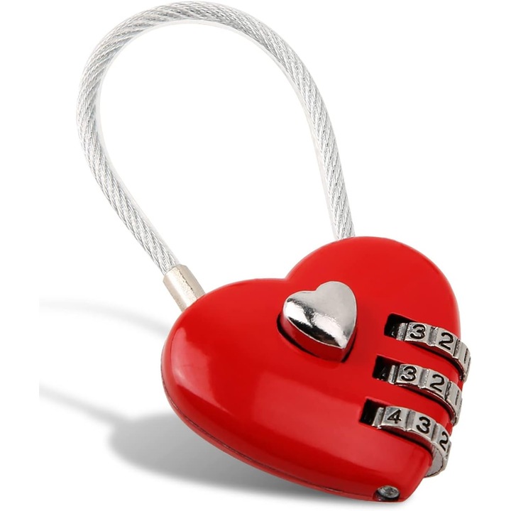 Lacat de calatorie in forma de inima cu cifru, 3 cifre resetabile, siguranta portabila pentru bagaje, rucsac, cutii bijuterii sau dulap, rosu, 4 x 8 cm