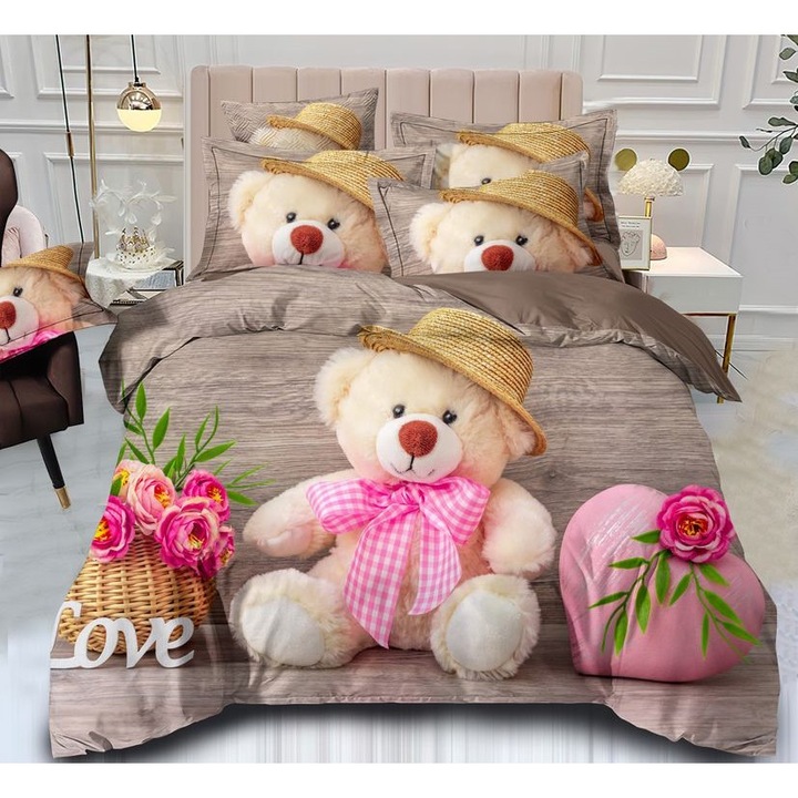 Set Lenjerie Premium din Bumbac Finet – 6 Piese pentru Pat Dublu, Imprimeu Identic cu Imaginea, cu 4 Fete de Perna, Multicolor