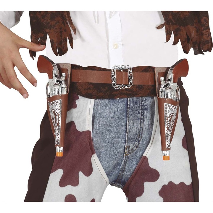 Set curea cu toc pentru pistol si 2 pistoale, Guirca, pentru costum cowboy, 20cm, plastic