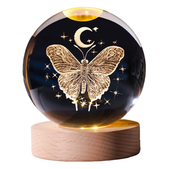 Sfera de sticla cu iluminare LED, Ronyes, motiv fluture si luna gravat 3D, baza din lemn, diametru 8 cm