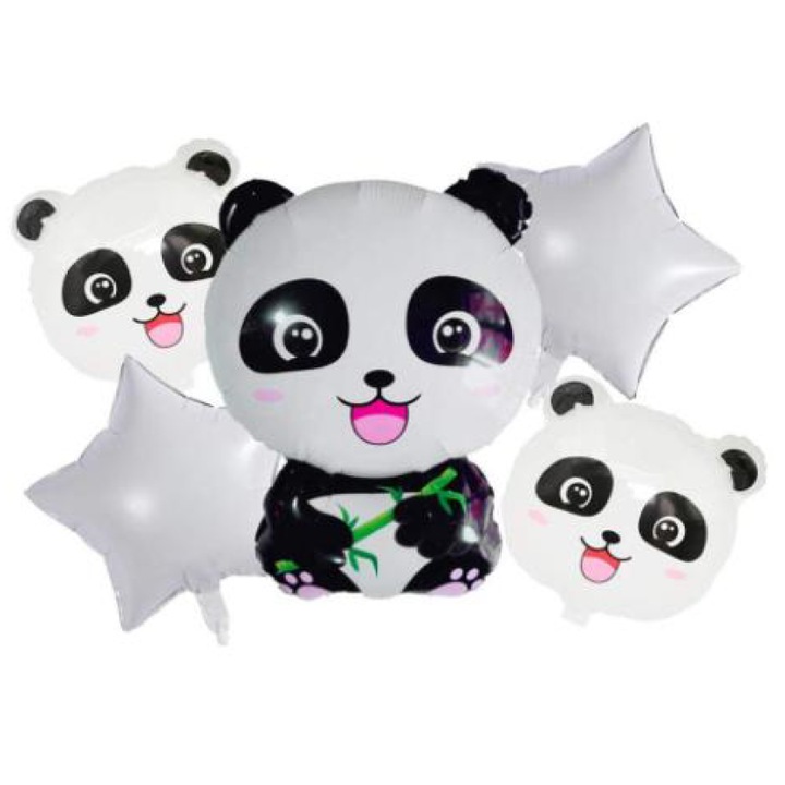 Set baloane PartyPro, 1 balon panda, 2 baloane cap de panda, 2 baloane stea, 18 inch