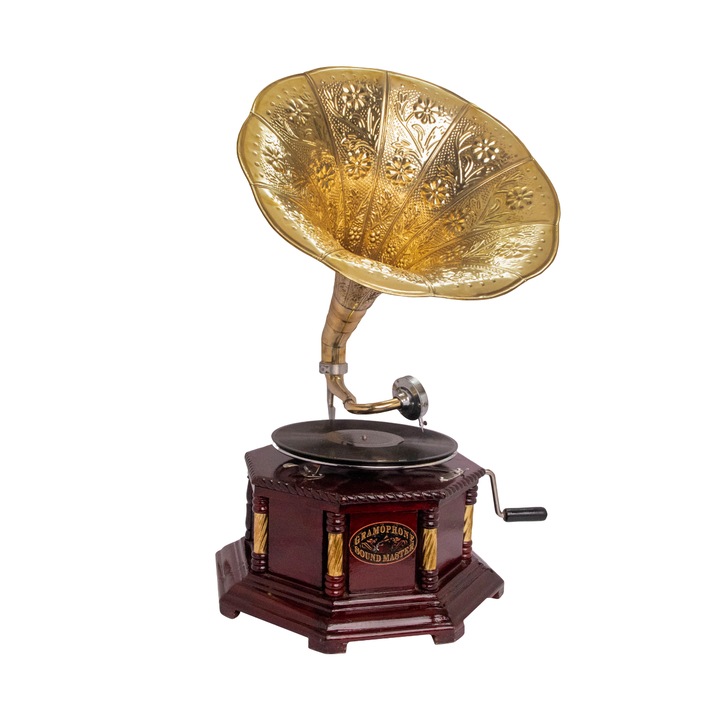 Gramofon autentic din lemn masiv cu palnie aurie gravata, H. 68 cm, retro-antic, calitate exceptionala