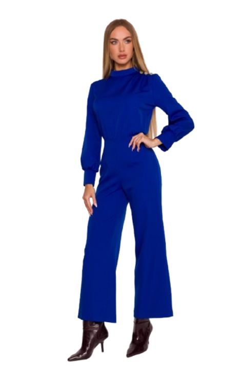 Salopeta M879 albastru guler inalt, picioare late 7/8, nasturi decorativi, cu fermoar ascuns, feminina, Albastru