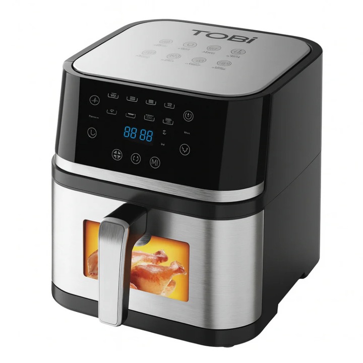 TOBI forrólevegős fritőz, 12 literes, 2400 W-os, átlátszó ablakkal, állítható hőmérséklettel