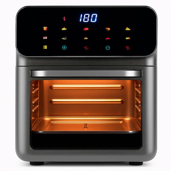 Фритюрник с горещ въздух RETOO TechPro, Еър Фрайър, 1350W, Капацитет 12Л, 10 режима на работа, LED, 80°C - 200°C, Регулиране на времето и температурата, Технология за пестене на енергия, 2x Тава, Защитна ръкавица, Черен