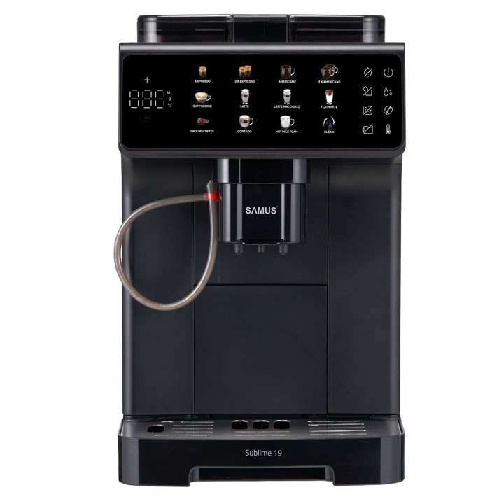 Espressor automat Samus Sublime 19, Rasnita profesionala- 300 g, 19 bari, Putere 1200-1400 W, Rezervor apa 2 L, Sistem extractie lapte cu furtun 25 cm, 10 tipuri de bauturi, Multiple tipuri de reglaje