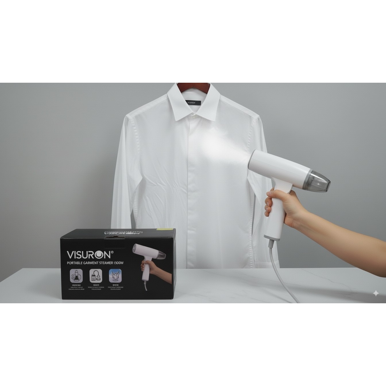 Fier De Calcat Portabil Cu Abur 1500W VISURON®, Rezervor De Apa De 100ml, Incalzire Rapida In 30 Secunde, Jet Peternic De Abur, Pliabil, 220V, Panou Din Otel Inoxidabil, Alb