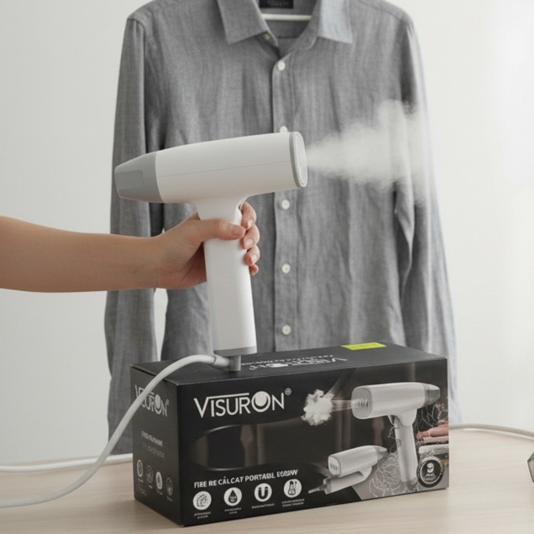 Fier De Calcat Portabil Cu Abur 1500W VISURON®, Rezervor De Apa De 100ml, Incalzire Rapida In 30 Secunde, Jet Peternic De Abur, Pliabil, 220V, Panou Din Otel Inoxidabil, Alb
