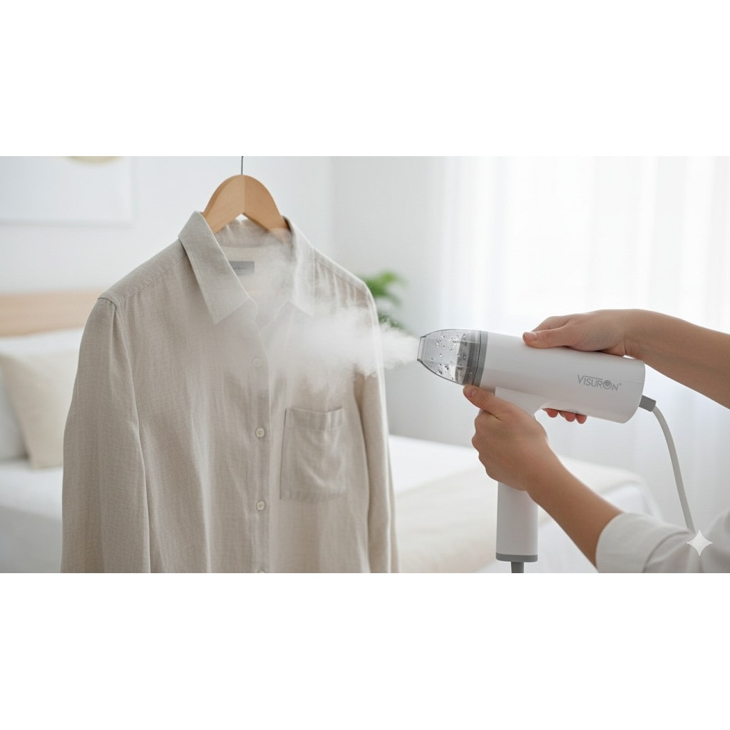 Fier De Calcat Portabil Cu Abur 1500W VISURON®, Rezervor De Apa De 100ml, Incalzire Rapida In 30 Secunde, Jet Peternic De Abur, Pliabil, 220V, Panou Din Otel Inoxidabil, Alb