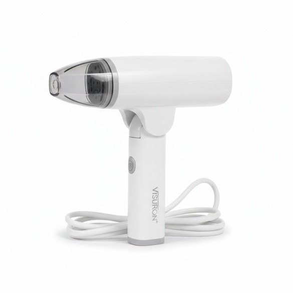 Fier De Calcat Portabil Cu Abur 1500W VISURON®, Rezervor De Apa De 100ml, Incalzire Rapida In 30 Secunde, Jet Peternic De Abur, Pliabil, 220V, Panou Din Otel Inoxidabil, Alb