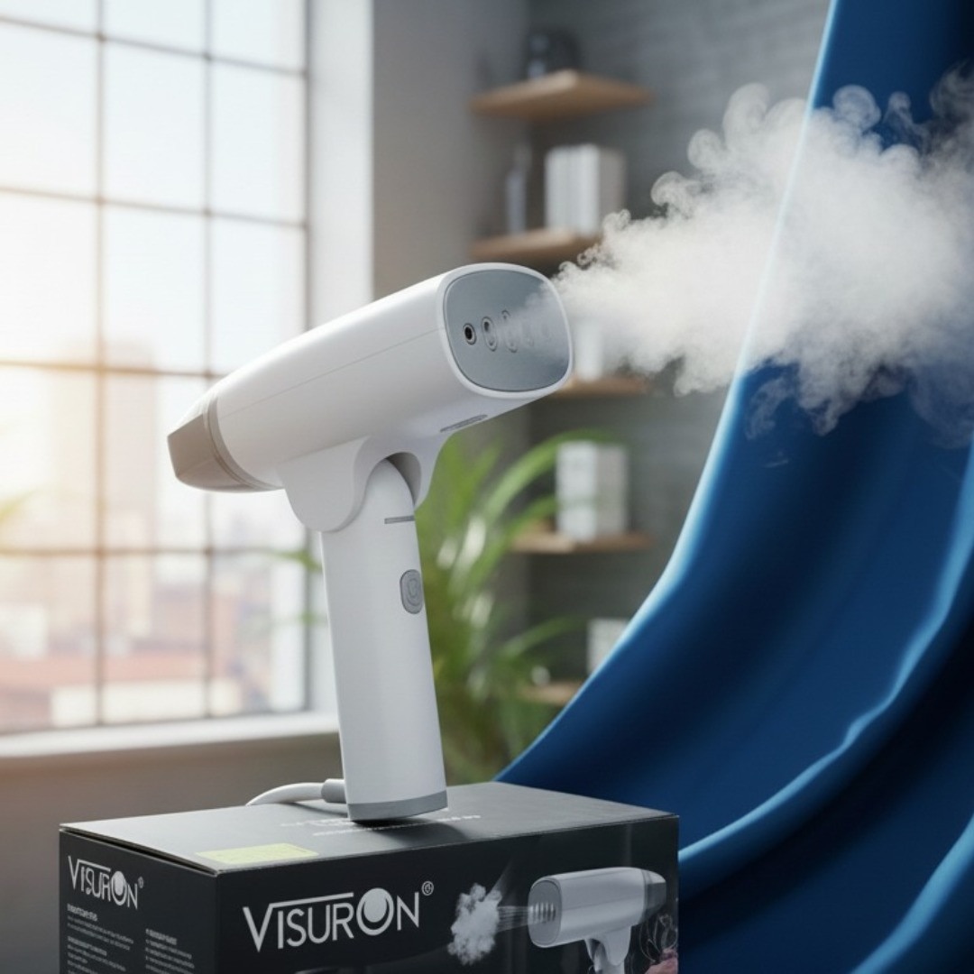 Fier De Calcat Portabil Cu Abur 1500W VISURON®, Rezervor De Apa De 100ml, Incalzire Rapida In 30 Secunde, Jet Peternic De Abur, Pliabil, 220V, Panou Din Otel Inoxidabil, Alb