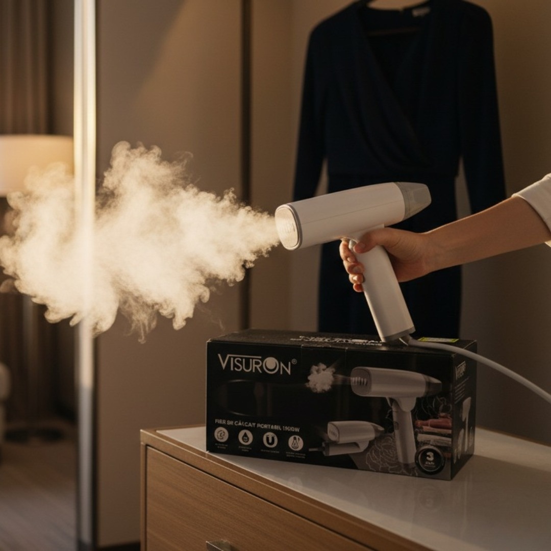 Fier De Calcat Portabil Cu Abur 1500W VISURON®, Rezervor De Apa De 100ml, Incalzire Rapida In 30 Secunde, Jet Peternic De Abur, Pliabil, 220V, Panou Din Otel Inoxidabil, Alb